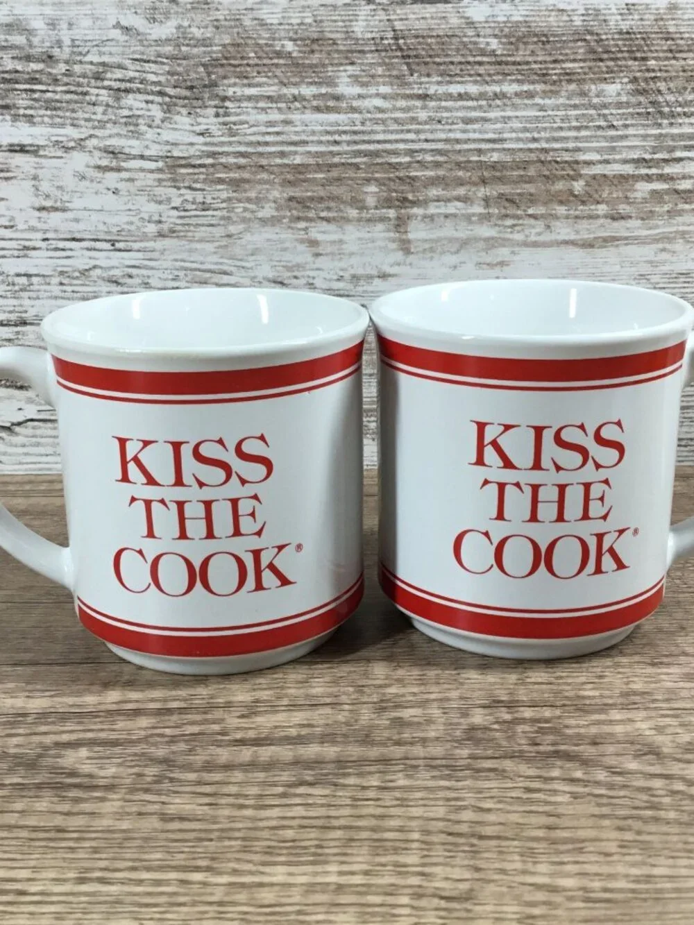 Kiss The Cook Red White Ceramic Coffee Mugs Set Of 2 Farmhouse Kitchen Drinkware